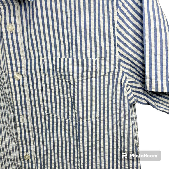 Free Assembly Mens Shirt Collared Button Down Seersucker Blue White Strip Cotton - Picture 10 of 10